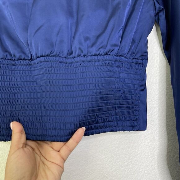 NEW Abercrombie & Fitch Top XS Blue Satin Crop V Neck Puff Long Sleeve Smocked - Picture 9 of 10